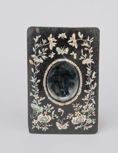 null Small mirror, the frame in blackened wood inlaid with mother-of-pearl. Probably...