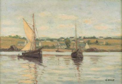 null CHIVET (XIX-XXth). Fishing boats in Brittany. Oil on canvas signed lower right....