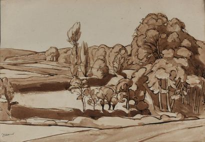 null Claudius DALBANNE dit Claude DALBANNE (1877- 1964). Paysage aux arbres. Lavis...