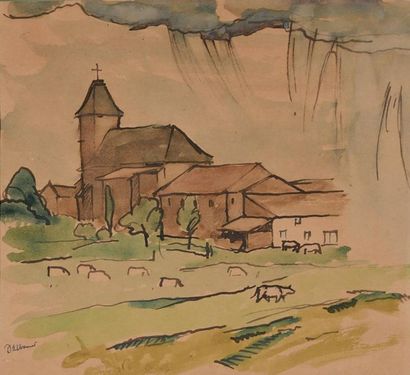 null Claudius DALBANNE dit Claude DALBANNE (1877- 1964). L'église du village, l'averse....