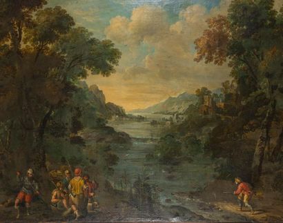 null Italian school of the 18th century. Animated landscape, bird hunting. Oil on...