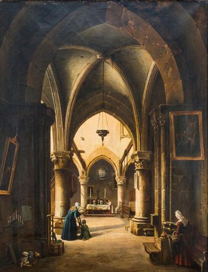 null Charles Louis LESAINT (1795-1843). Animated church interior. Oil on canvas signed...
