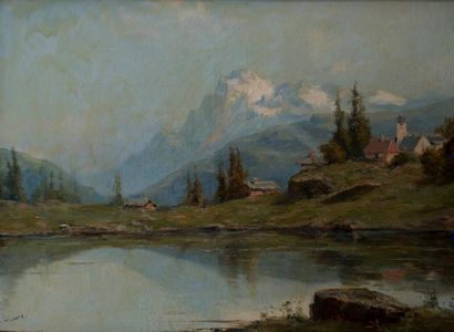 null Emile GODCHAUX (1860-1938). Alpine landscape, lake view. Oil on canvas signed...