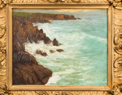 null Gaston BOUCART (1878-1962). Cliff landscape by rough sea. 1911. Oil on canvas...