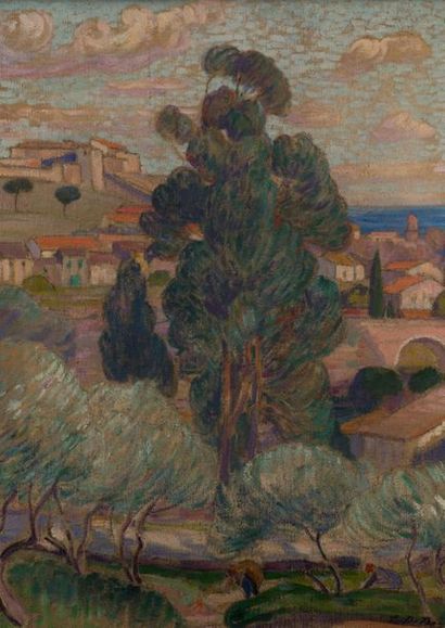 null Léon DETROY (1857-1955). Mediterranean landscape, olive harvest. Oil on canvas...