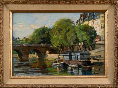 null Maurice F. PERROT (1892-1935). Laundry boats at Pont-Neuf. Oil on panel signed...
