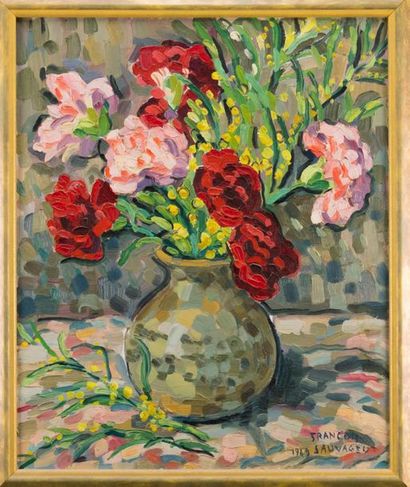 null François SAUVAGEOT (1910-2002). Bouquet of carnations and mimosas. 1949. Oil...