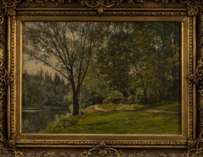 null Gabriel MATHIEU (1843-1921). River and undergrowth in spring. Oil on canvas...