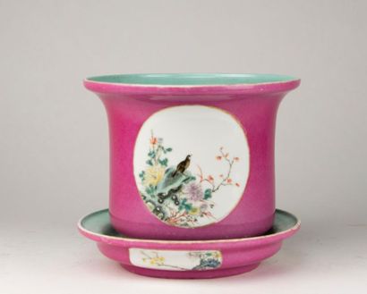 null CHINA. Planter and its porcelain saucer with a pink background decorated with...