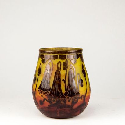 null The French Glass. Doubled glass vase with acidic flower decoration on an orange-yellow...