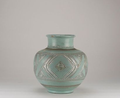 null Émile LENOBLE (1875 - 1940). Ceramic vase with blue cutlery. H: 24 cm. (Rel...