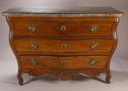 null Moulded and carved oak tomb chest of drawers opening with three drawers, shell...