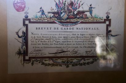 null Brevet de garde nationale de Lyon, aquarellée, à décors de trophées d’armes...