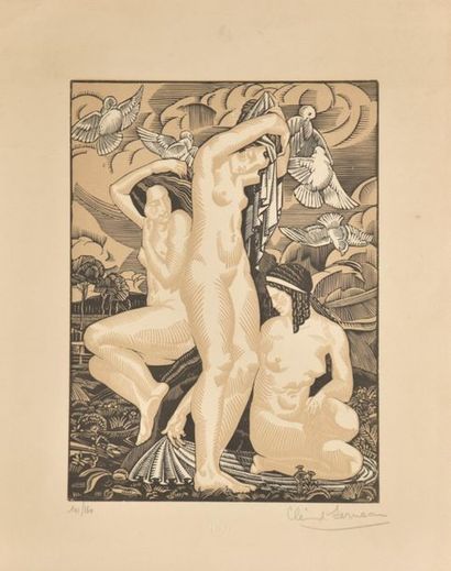 null CLEMENT-SERVEAU (1886-1972). Trois baigneuses et tourterelles. Lithographie...