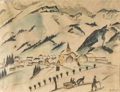 null Georges GIMEL (1898-1962). Village de montagne sous la neige animé. 1929. Encre...