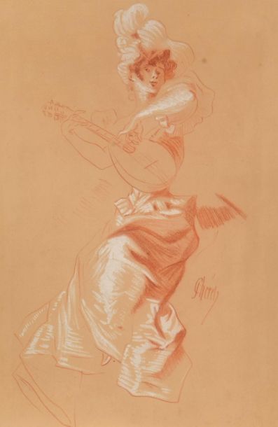 null Jules Chéret (1836-1932) attribué à. La joueuse à la mandoline. Sanguine et...