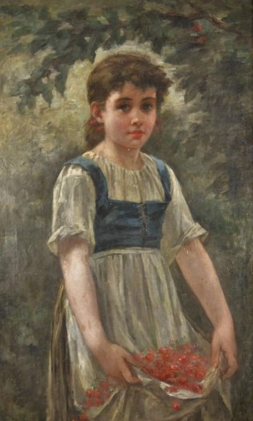null Édouard D'APVRIL (1843-1928) Attribué à. Jeune fille cueillant des cerises....