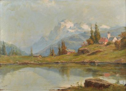 null Emile GODCHAUX (1860-1938). Paysage alpin, vue de lac. Huile sur toile signée...