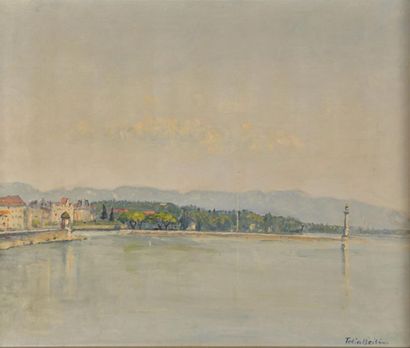 null TOLIA BEILIN (XIX-XX). Le lac Léman à Genève. Huile sur toile signée en bas...