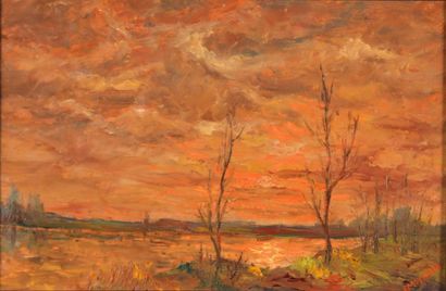 null Lucien MOYROUD (1920-2000). Coucher de soleil au bord de fleuve. Huile sur panneau...