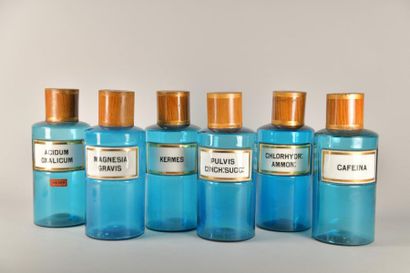 null Ensemble de six pots à pharmacie en verre bleu, cartouches émaillés et dorés,...