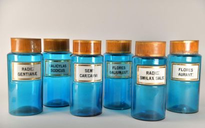 null Lot de six pots à pharmacie en verre bleu, cartouches émaillés et dorés, couvercles...