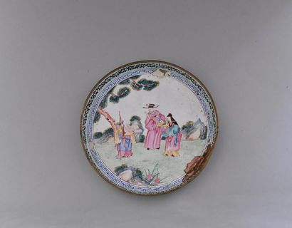 null China, late 19th century
Pair of copper and Canton enamel plates with Three...