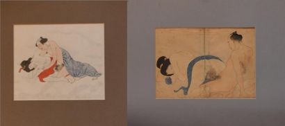 null JAPAN. Two polychrome prints by Chikanobu depicting erotic scenes.
21x18,5 cm.
Expert:...