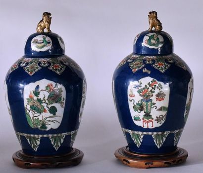 null China, 19th century. Pair of covered vases in green family porcelain with blue...