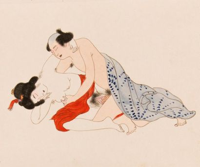 null JAPAN. Two polychrome prints by Chikanobu depicting erotic scenes.
21x18,5 cm.
Expert:...