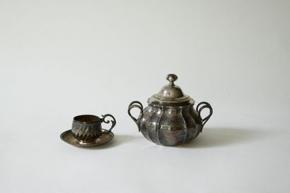 null Ribbed silver covered sugar bowl, knotted handles, button grip. 
Minerva hallmark...