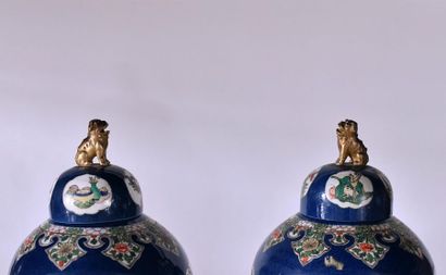 null China, 19th century. Pair of covered vases in green family porcelain with a...