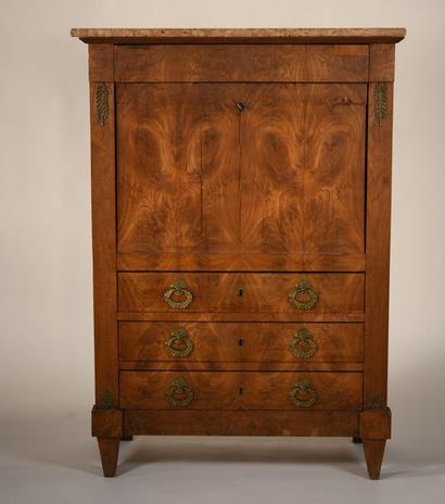 null *Elm burr veneer secretary. 
Opens with one flap and four drawers. Architectural...