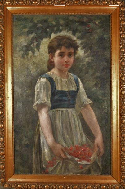 null Édouard D'APVRIL (1843-1928) Attributed to. Young girl picking cherries. Oil...