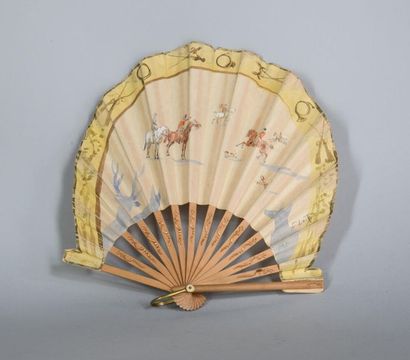 null Wooden and watercoloured paper fan with hunting hounds decoration, signed Flucx....