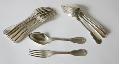 null Suite of five silver cutlery, double-threaded model. 
A silver fork is attached...