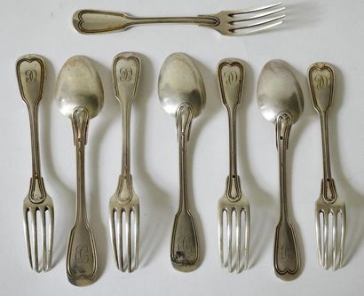 null Set of silver cutlery, model with double thread, spatula figures, approximate...