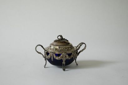 null Silver covered sugar bowl with oval shape with two handles, decorated with floral...
