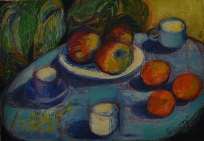 null Frédérique GIUSTI (Née en 1925). Nature morte au café-crème, fruits et Mimosas....