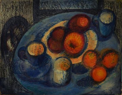 null Frédérique GIUSTI (Née en 1925). Nature morte au café-crème et aux fruits. Technique...