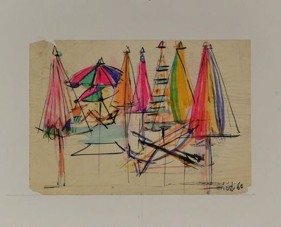 null Frédérique GIUSTI (Née en 1925). Les parasols. 1960. Technique mixte sur papier...