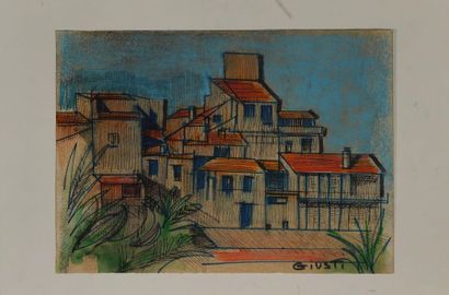 null Frédérique GIUSTI (Née n 1925). Antibes. Technique mixte sur papier Canson contrecollé,...