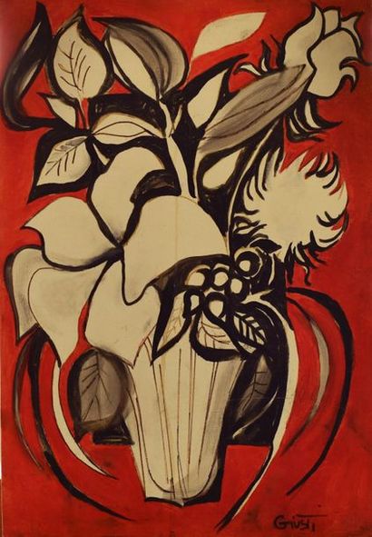 null Frédérique GIUSTI (Née en 1925). Bouquet sur fond rouge. Huile sur toile marouflée...