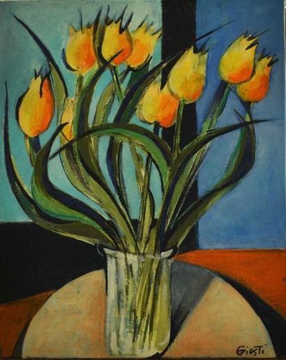 null Frédérique GIUSTI (Née en 1925).Tulipes jaunes- fond bleu. Huile sur toile,...