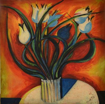 null Frédérique GIUSTI (Née en 1925). Tulipes sur fond rouge, 2013. Huile sur toile,...