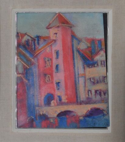 null Frédérique GIUSTI (Née en 1925). Le Pont Morens, Annecy, III. Pastel sur papier....