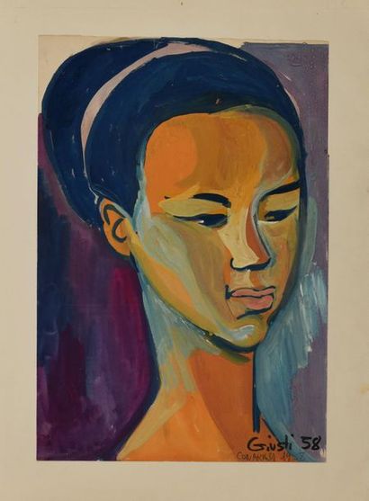 null Frédérique GIUSTI (Née en 1925). Portrait d'Hélène Camara. Conakry, 1958. Aquarelle...