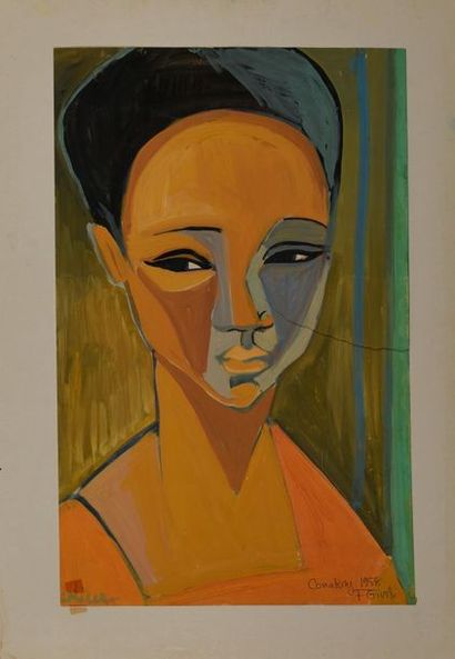 null Frédérique GIUSTI (Née en 1925). Portrait de jeune fille, Conakry. 1958. Aquarelle...