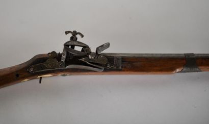 null North African flintlock rifle. 

Bone inlay stock and heel. 

Pancake barrel.

L...