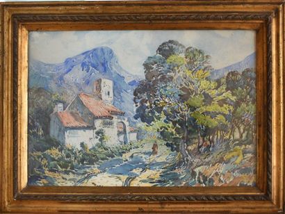 null Raoul VAN MALDERE (1875-1947). Provençal farm in spring. Watercolor signed lower...